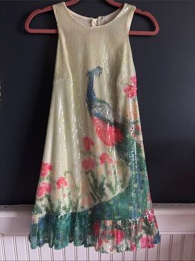 leifsdottir Light Green Sequin A-Line Dress with Peacock & Pink Floral Print
